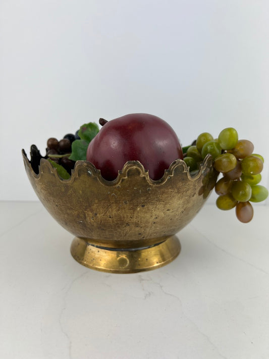 Vintage Brass Bowl With Scalloped Rim and Pedestal Base