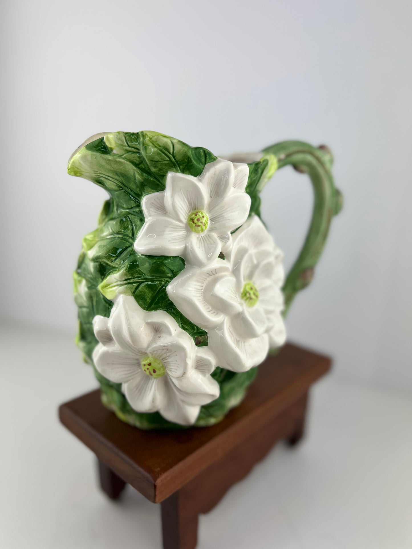 Vintage Gardenia Magnolia Ceramic Pitcher World Bazaar 8” Tall