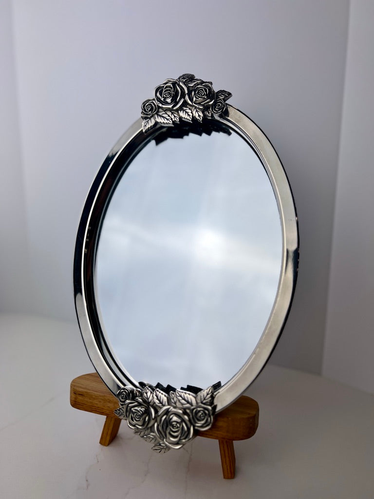 Goldinger Silver Plated Mirrored Tray with Roses Vanity Mirror